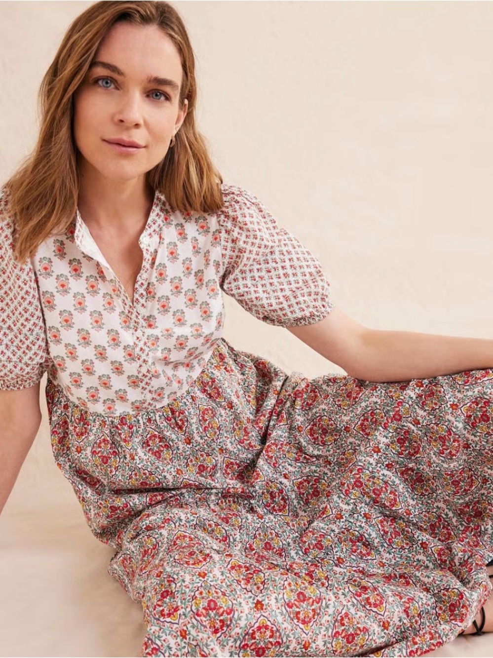 Boden Cream Midi Dress with Red and Pink Floral Print